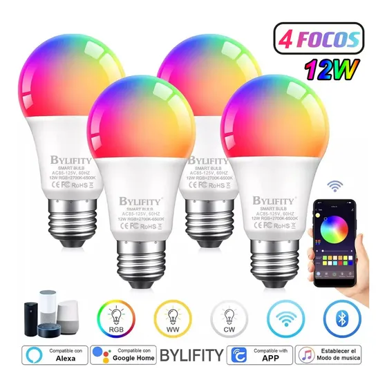 4pcs Focos LED 12W Wifi Inteligente Luz Led Para Alexa Rgb Luces Bulbos, E27 Focos BYLIFITY , Control Remoto de Cozylife APP y Control de Voz, Focos Inteligente Compatible con iOS, Android, Alexa,Goog