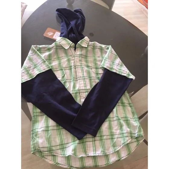 Camisa Cuadros & Franela Azul Niño Talla 8. Capucha. (k20)