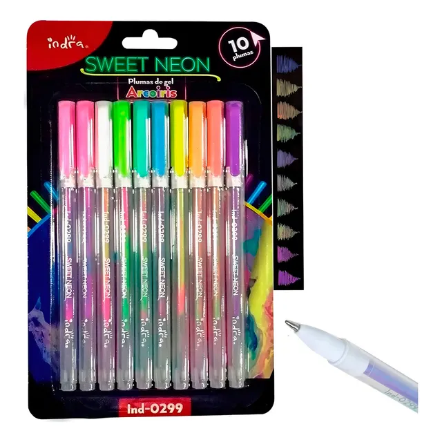 Set Plumas De Gel Indra 10 Colores Neon Punto Fino 1.0mm