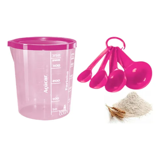 Kit Copo Medidor 400ml C/ Tampa E 04 Colheres Medida Certa