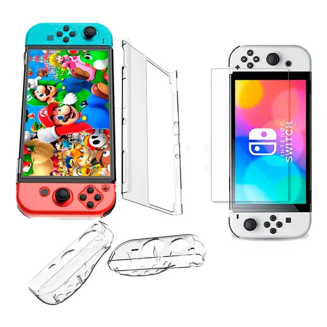 Pack Case Para Nintendo Switch Oled + Mica De Vidrio Transp