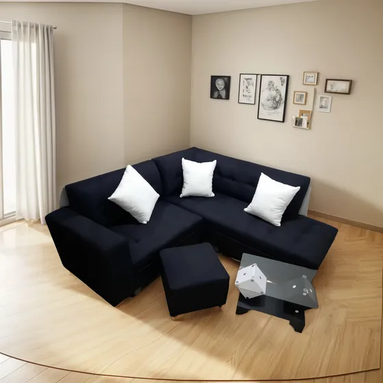 Sala L Con 3 Cojines , Mesa De Centro Y Puff Baul