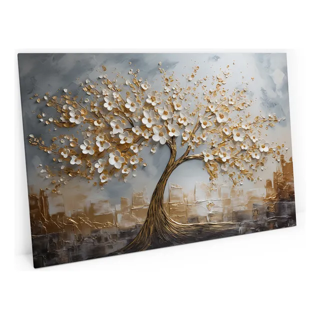 Quadro Árvore Da Vida Dourada Flor Para Sala 120x80 Abstrato