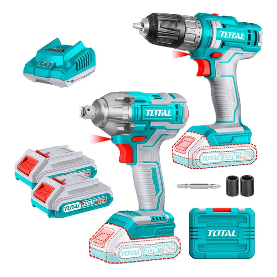 Kit Inalámbrico Total 20v: Llave Impacto 1/2'' Motor Sin Carbones 300nm + Atornillador 10mm 45nm - Con 2 Baterías 2.0ah Litio-ion, Cargador, Maletín, Dados Y Punta - Tosli230702