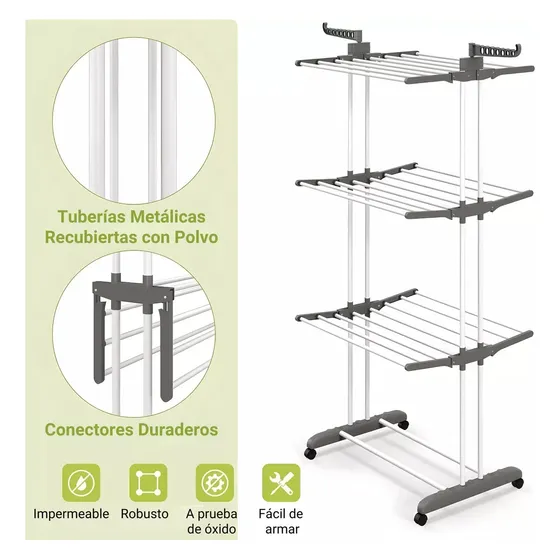 Tendedero 3 Niveles De Pie Colgador Ropa Con Rueda Vertical Portatil Color Gris
