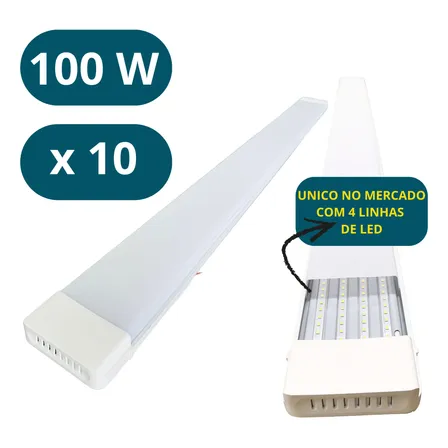 Kit 10 Luminária Linear Tubular Led Slim 1.2m 120cm 100w 127/220v Branco Frio 6500k