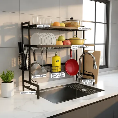 Escorredor De Louça Suspenso 85cm Dupla Camada Cor Preto Preto
