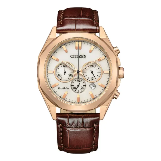 Reloj Citizen Hombre Ca4593-15a Correa Café Bisel Oro Risa Fondo Blanco
