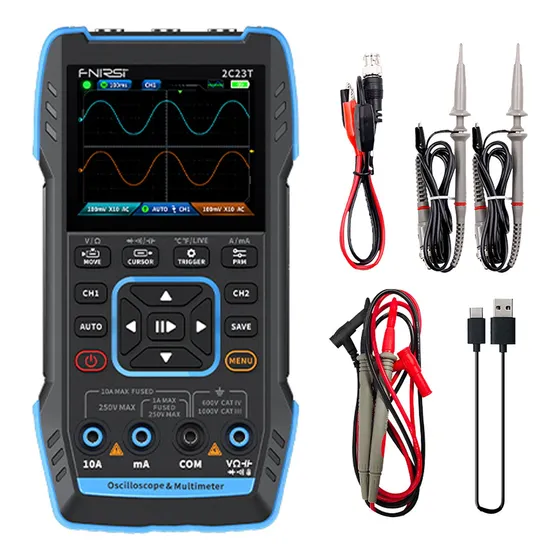 FNIRSI 2C23T osciloscopio digital portátil multímetro con generador de señales de función Último 3IN1 generador de señales de osciloscopio de doble canal 10MHZ*2 50MS/s configuración alta