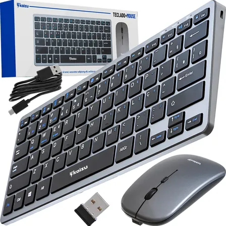 Kit Teclado E Mouse Sem Fio Slim Bluetooth Wireless 1600dpi Abnt Recarregável Notebook Tablet Kaizu Hk-8860 Cor Cinza