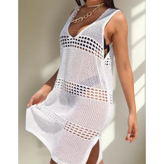 Vestido De Hilo Calado Playero Mujer Verano Abertura Espalda
