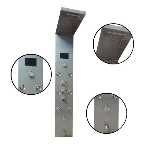 Solana Regadera De Acero Inoxidable Modelo Petra Color Niquel Con Pantalla Led Indica Temperatura Y Hora / Panel de Ducha Con Regadera De Mano y Salida De Agua Superior Modo Lluvia Y Cascada