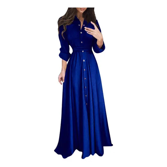 Vestido Liso De Manga Larga De Moda Con Botones De Alta Cali