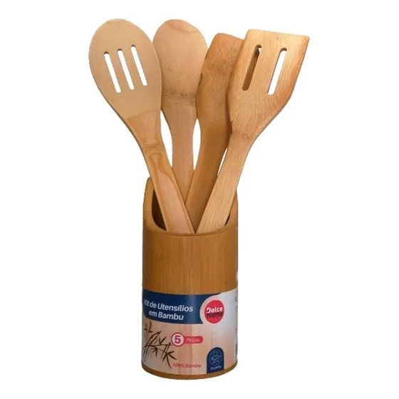 Kit De Utensílios Bambu 5 Peças Pau Colher Garfo Espátulas