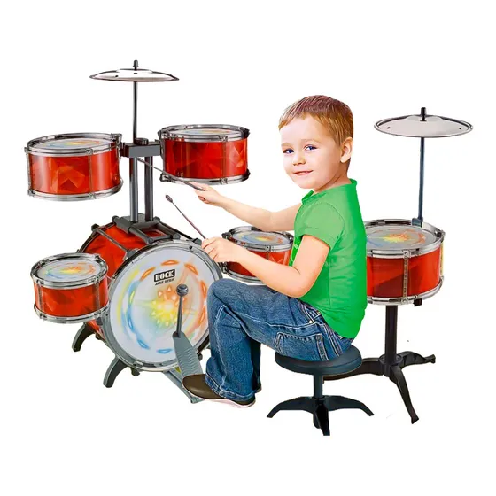 Mini Bateria Infantil Crianças 6 Tambores 1 Prato Musical Cor Vermelho