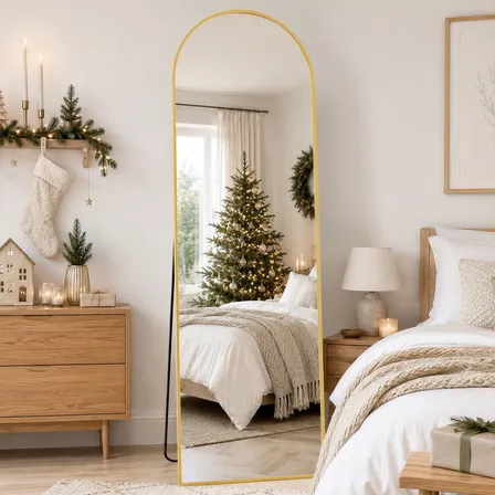 Espelho De Chao Corpo Inteiro Arqueado 150*40cm Com Suporte Dourado