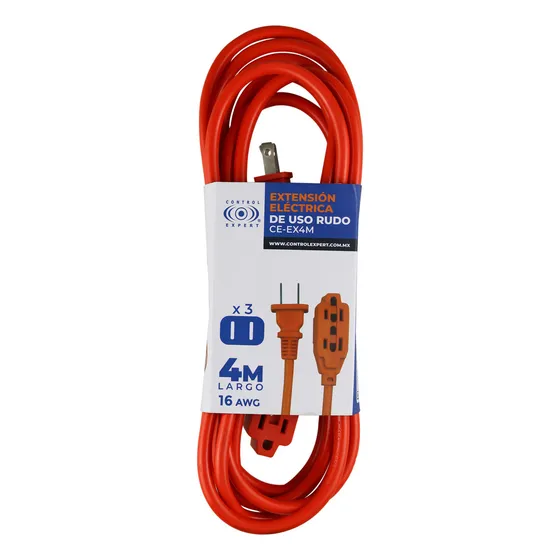 Extensión Eléctrica Uso Rudo 4 Metros Reforzada Color Naranja