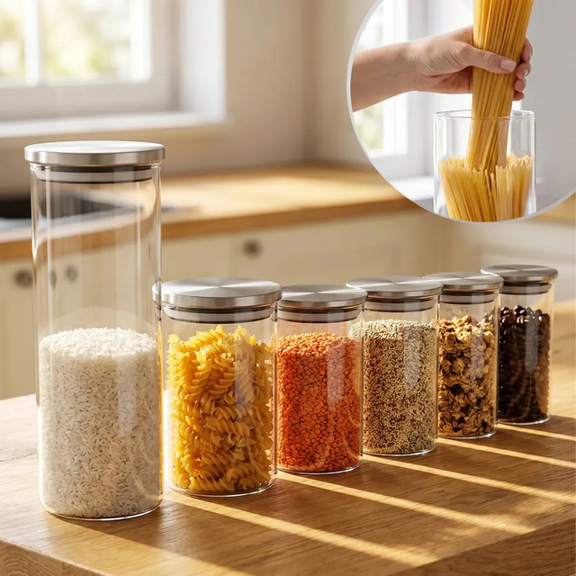 Jogo 6 Potes Herméticos Porta Mantimentos Vidro Tampa Inox Kit Alimentos Cozinha Transpare...