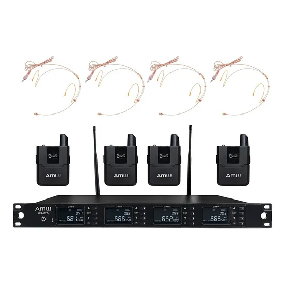 Amw Bu3000 Microfone Sem Fio 4 Canais Digital Uhf Multibanda Mic Auricular Bege + Estojo Profissional