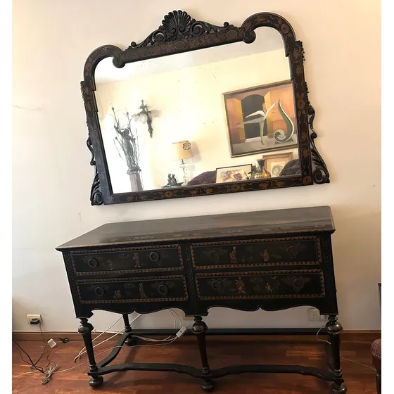 Cómoda Estilo Oriental Con Espejo  Madera Pintada A Mano