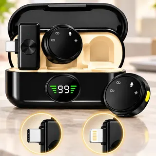 Microfone de Lapela Dinâmico Sem Fio Duplo para iPhone e Android com