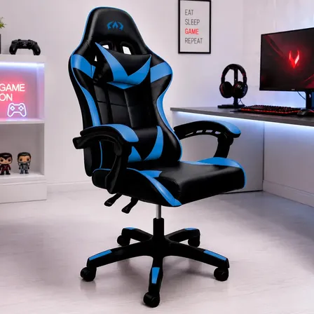 Cadeira De Escritório Gamer Ergonômica Reclinável Estofado Couro Sintético Altura Ajustável Cor Azul Oblivion Nienz