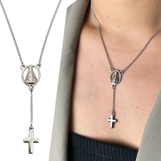 Colar Feminino Terço Nossa Senhora De Aparecida Aço Inox