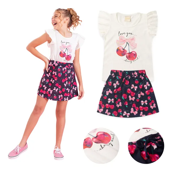 Conjunto Verão Menina Infantil Blusa E Saia Cereja