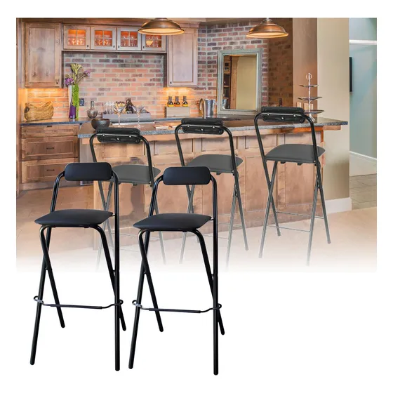 Taburete De Bar Plegable Con Respaldo Y Acolchado Negro Para