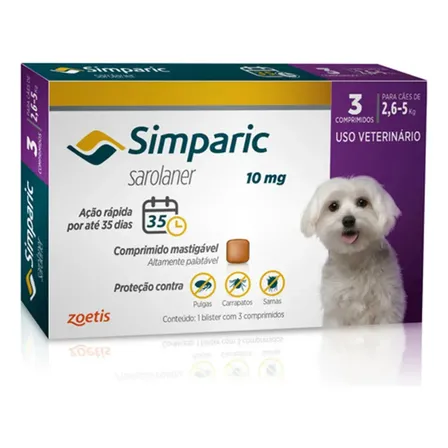 Simparic 10mg C/ 3 Comprimidos Para Cães 2,6kg A 5kg Proteção Completa Antipulgas E Carrapatos