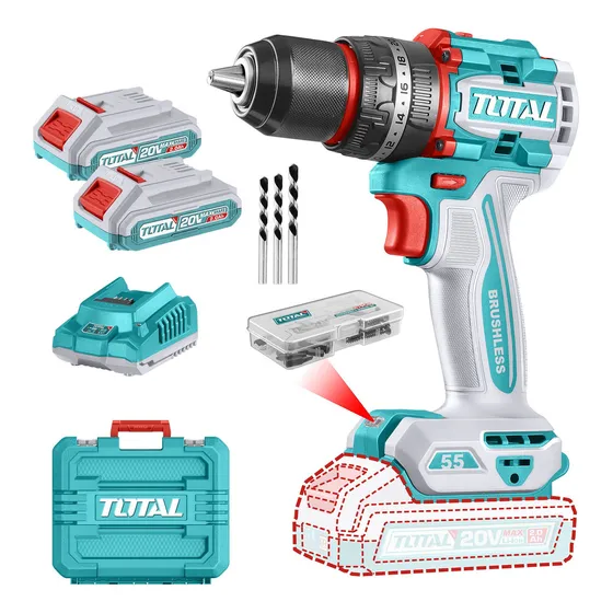 Taladro Percutor Y Atornillador Inalámbrico Total 20v, Industrial, Motor Sin Carbones - Mandril 13mm, 55nm - Con 2 Baterías 2.0ah Litio-ion, Cargador, Maletín, Mechas Y Puntas - Tidli20558