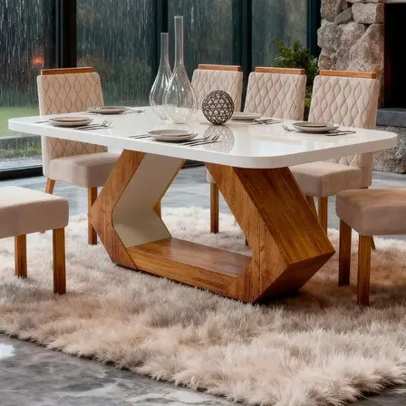 Sala De Jantar 160x80 Lottus Mdf/vidro 6 Cadeiras Bom Pastor Base Naturale Cadeiras Bege Matelassê (losangos)
