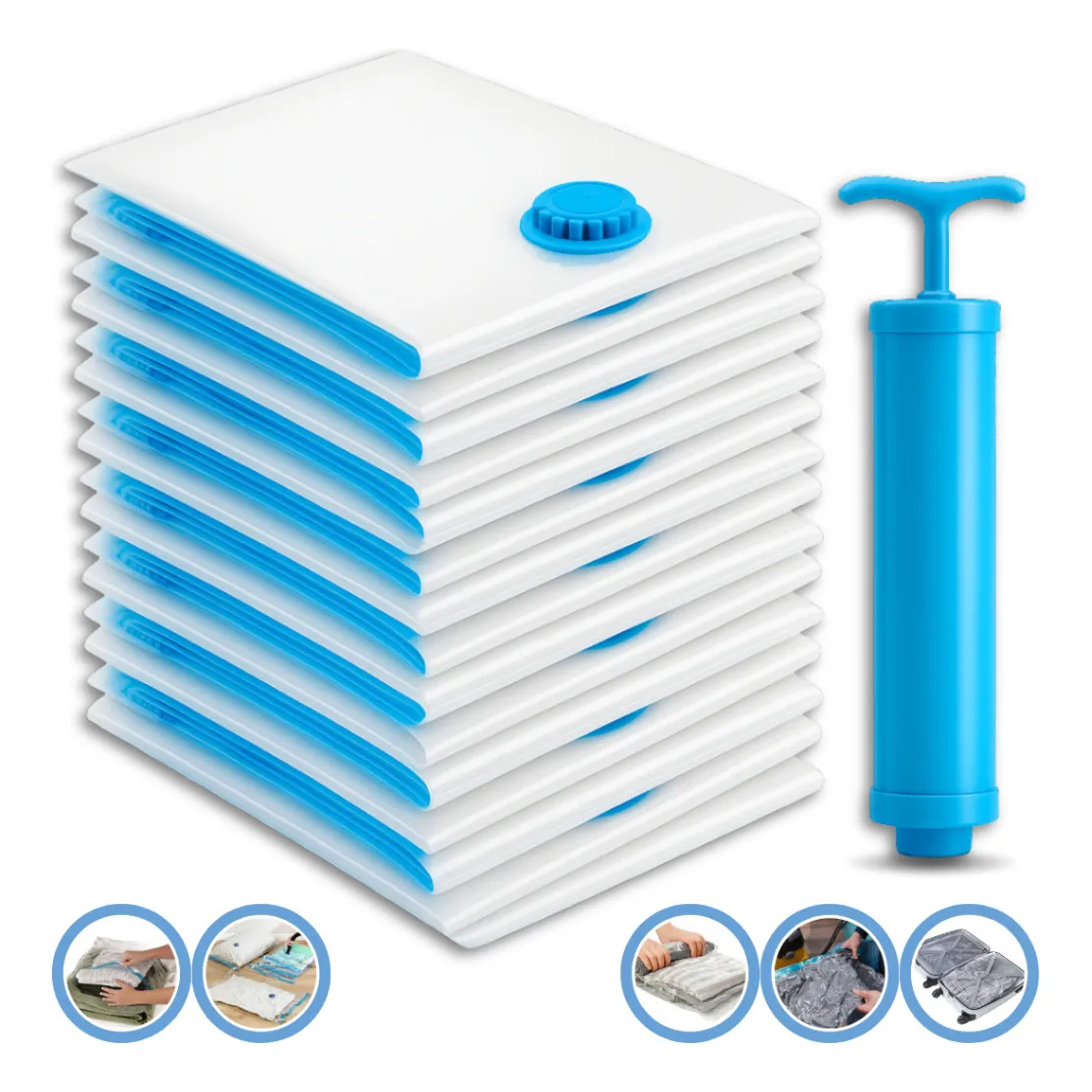 Kit com 10 sacos organizadores a vácuo transparentes com detalhes em azul e uma bomba manual de sucção azul ao lado