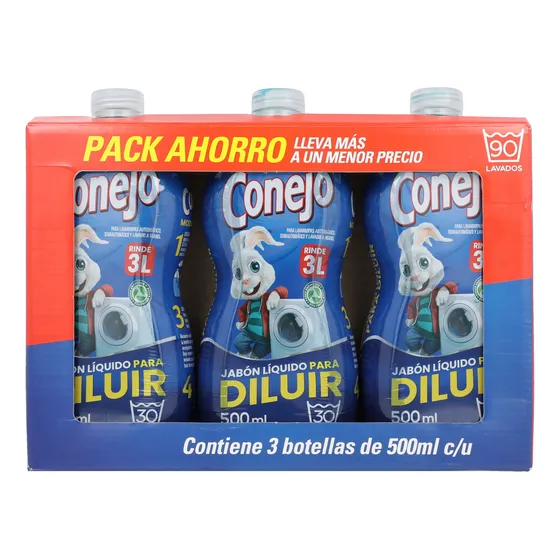 Pack Jabón Líquido Conejo Para Diluir 500 Ml X 3 Un.