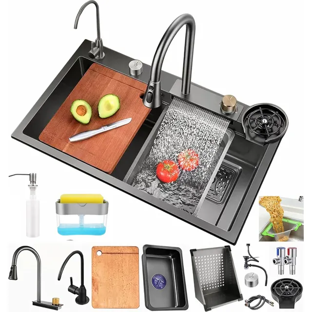 85X45 Fregadero De Cocina Tarja Cascada 304 Acero Inoxidable Color Negro Con Todos Los Accesorios