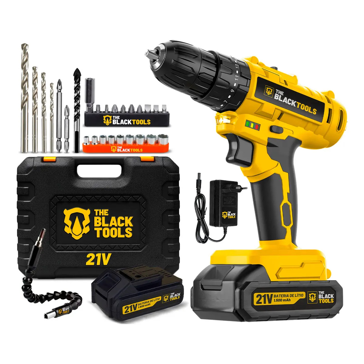 Parafusadeira Furadeira De Impacto A Bateria 21V 3/8” Bivolt 1400 Rpm Com Acessórios E Maleta TB-21PZW The Black Tools