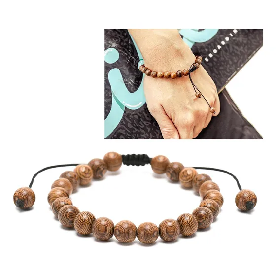 Pulseras Hombre Mujer Madera Natural Esferas Ajustable