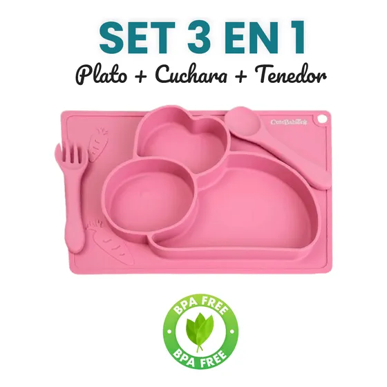 Set Individual Plato + Cubiertos De Silicon 3 En 1