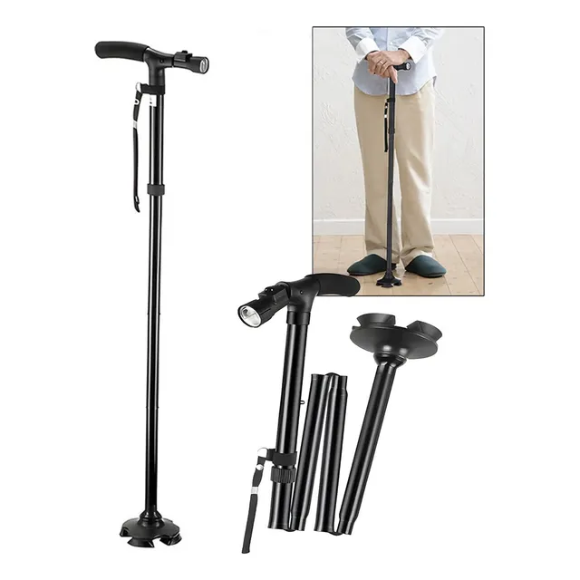 Baston Plegable Con Luz Mango En T Altura Ajustable Portatil Color Negro