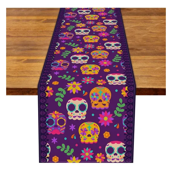 Camino Mesa Lino 13 X 72  Diseño Calavera Azucar Mexicana