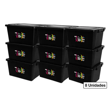 Kit 8 Caixas Organizadora Multiuso 56l - Resistente Tampa Preto