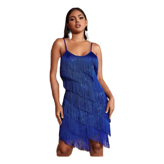 Vestido Lentejuelas Azul Flecos Importado L