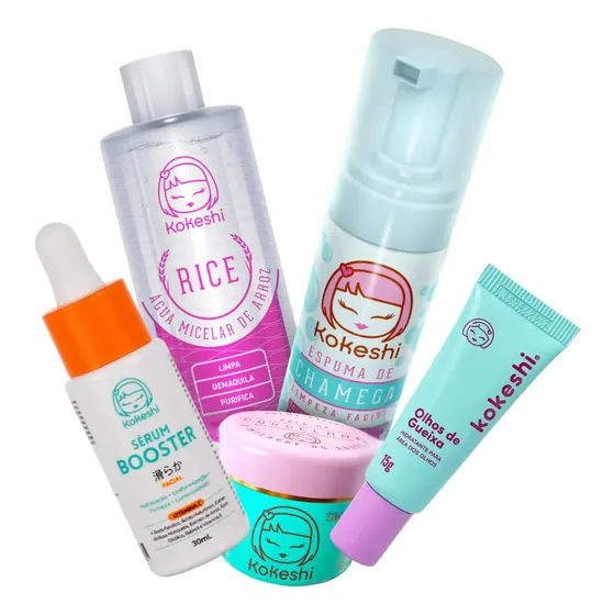 Kit Skincare Kokeshi de 5 Peças com Ácido Hialurônico e Vitamina C