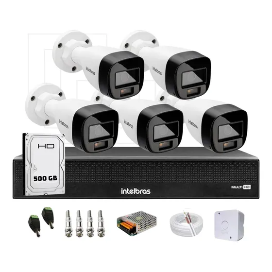 Kit 5 Cameras Intelbras Full Color 1120b, Dvr 8 Canais + Hd Cor Branco