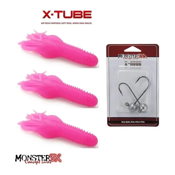 Kit Monster 3x X-tube 9,5cm 3 Unidades + 2 Anzol Jig Head