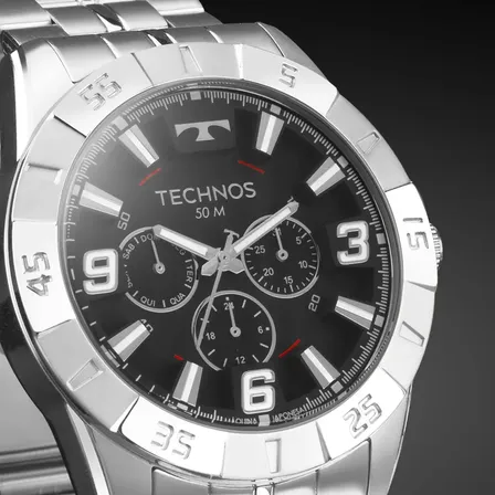 Relógio Technos Racer Aço Inox Prata Mostrador Preto Resistente Água 50m