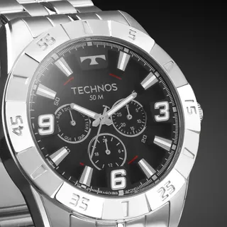 Technos Relógio Technos Racer Aço Inox Prata Mostrador Preto Resistente Água 50mP