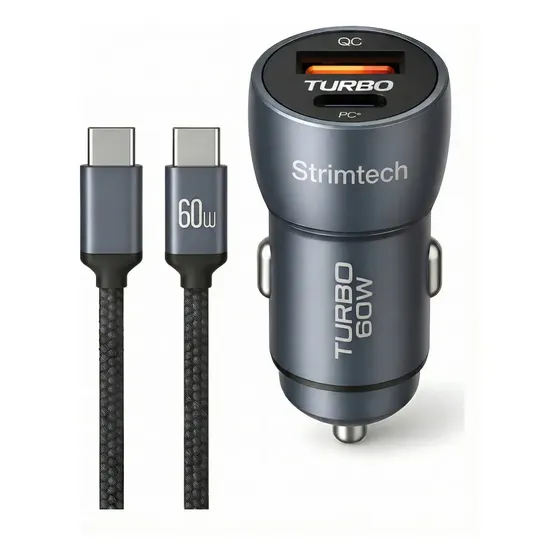 Carregador Veicular Turbo 60W Strimtech USB-A e USB-C com Cabo 1m iPhone