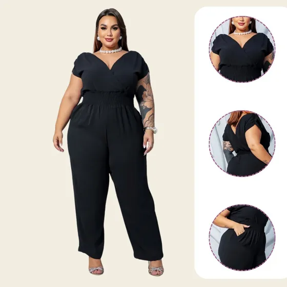 Macacão Pantalona Plus Size Transpassado Decote V