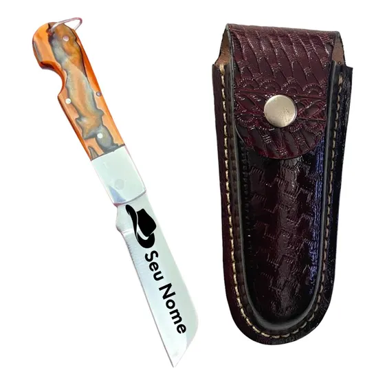 Canivete Pica Fumo De Inox Personalizado E Bainha De Couro